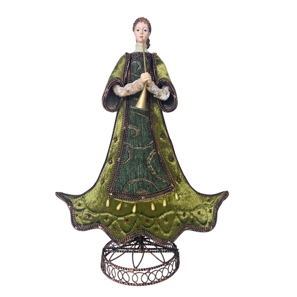 Vintage Angel Freestanding Greenβ Velvet Gown Gold Horn Metal Base Christmas 17"